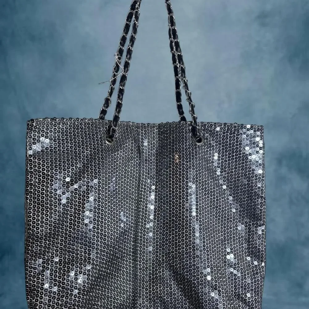 Silver sequin tote bag with chain handles lightweight Tote for festivals summer